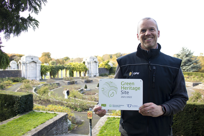 Craig Savage, Gardener for The Office for Public Works celebrates Green Heritage Site accreditation for the Irish National War Memorial Gardens in Dublin